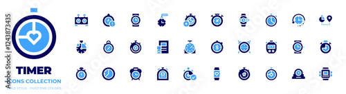 Timer icon collection. Bold style. Duotone colors. watches, alarmclock, stopwatch, chronometer, timer, deadline, wristwatch, pocketwatch, chessclock, time