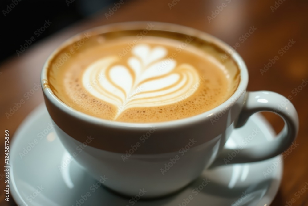 Creamy latte surface reflected in cup's curved side, beverage, , coffee Creamy latte surface reflected in cup's curved side, beverage, , coffee