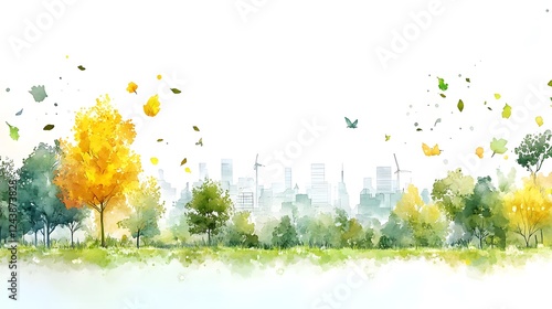 Vibrant Autumn Landscape with City Skyline Illustration