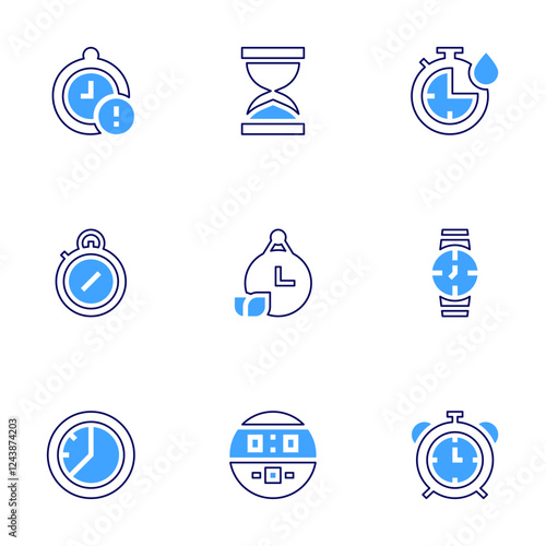 Timer icon set. Bold line style. Duotone colors. Editable stroke. deadline, hourglass, clock, chronometer, time, stopwatch, quickdry, alarmclock