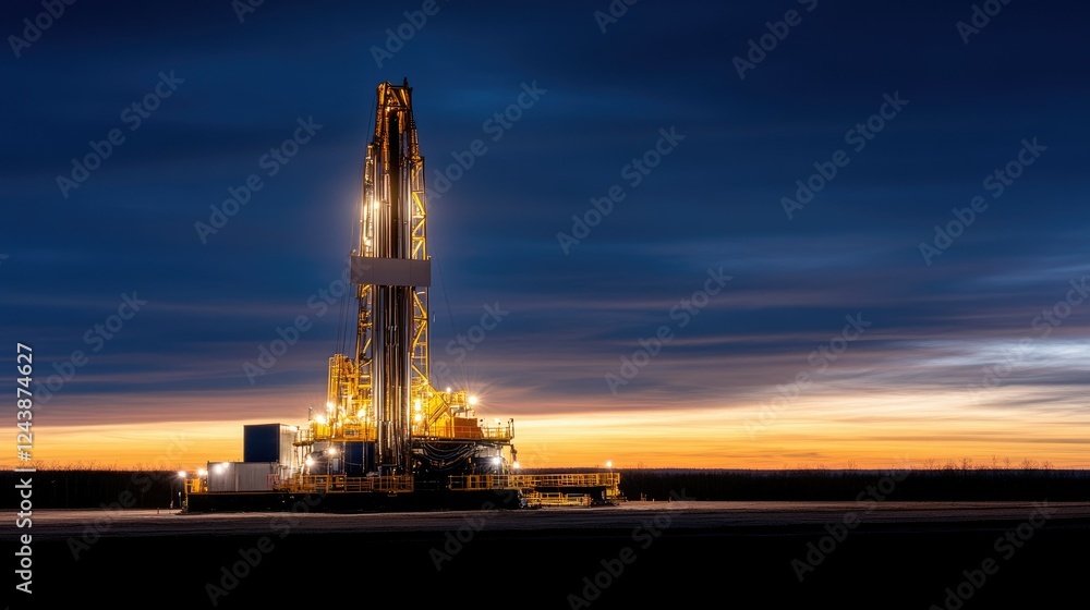Obraz premium Oil drilling rig illuminated at sunset in a remote rural landscape showcasing advanced technology and natural beauty