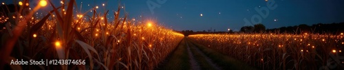 Firefly light trails illuminate cornstalks softly, warm, evening photo