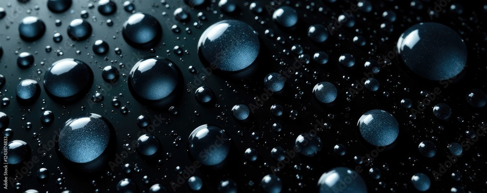 Flat lay of soapy water droplets on a black background with varying sizes and shapes and reflective surface, different sizes, varied shapes, rounded objects Flat lay of soapy water droplets on a black background with varying sizes and shapes and reflective surface, different sizes, varied shapes, rounded objects