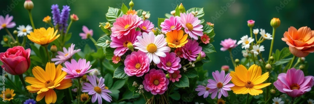 Obraz premium Floral bouquet in heart shape amidst lush summer wildflowers, beads, heart shaped, greenery