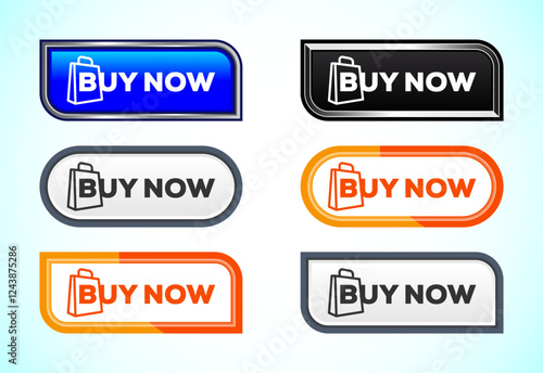Buy Now button set of different shapes and colors. Suitable for mobile app, and website UI design.