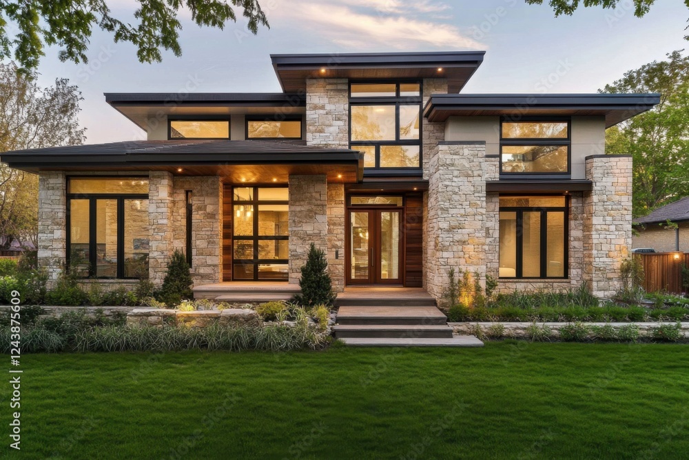 Experience a breathtaking modern residence featuring a beautiful stone facade and expansive windows, perfectly set in a tranquil neighborhood at twilight. Experience a breathtaking modern residence featuring a beautiful stone facade and expansive windows, perfectly set in a tranquil neighborhood at twilight.