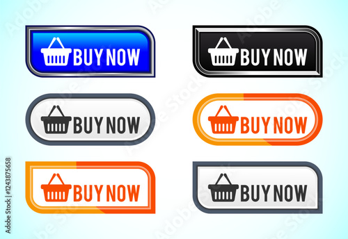 Buy Now button set of different shapes and colors. Suitable for mobile app, and website UI design.