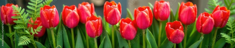 Freshly picked bunch of red tulips and green ferns, fresh, spring Freshly picked bunch of red tulips and green ferns, fresh, spring