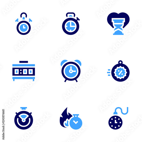 Timer icon set. Bold style. Duotone colors. fire, stopwatch, alarmclock, pocketwatch, flashsale, insurance