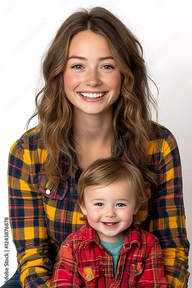 Mother and Toddler in Flannel: A heartwarming portrait of a young mother and her adorable toddler, both beaming with joy. They're dressed in matching plaid flannel shirts. Mother and Toddler in Flannel: A heartwarming portrait of a young mother and her adorable toddler, both beaming with joy. They're dressed in matching plaid flannel shirts.