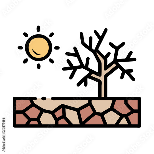 Drought causes cracked soil and barren trees under sun