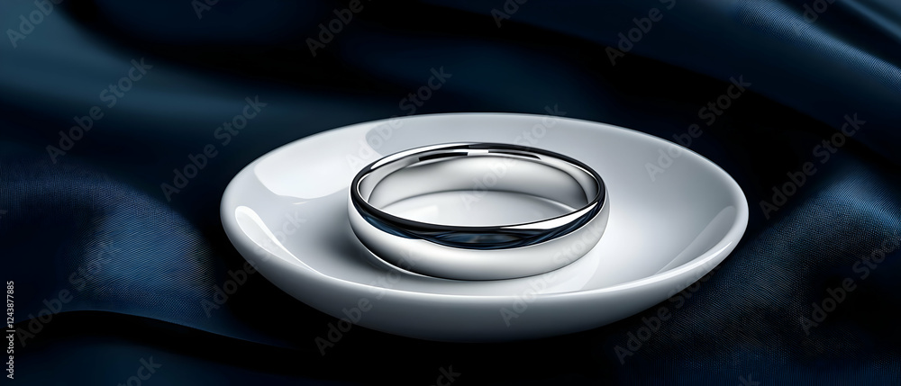 Elegant silver wedding ring displayed on a white plate atop a soft blue fabric, symbolizing love and commitment. Elegant silver wedding ring displayed on a white plate atop a soft blue fabric, symbolizing love and commitment.