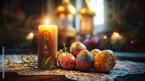 Easter candle with an icon and decorative eggs on a wooden table inside a church photo