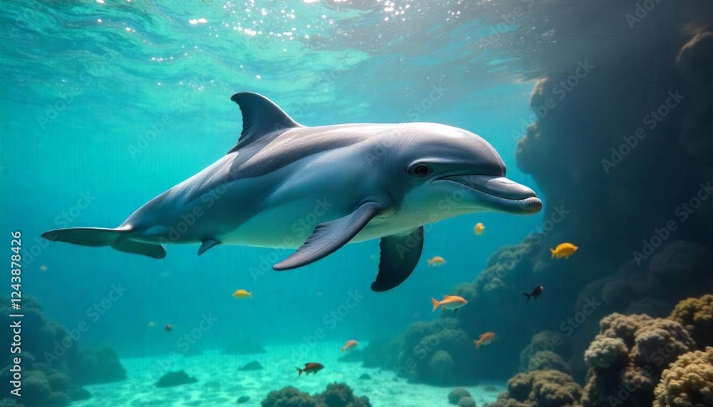 Striped Dolphin Gracefully Swimming in Vibrant Coral Reef Underwater Paradise Striped Dolphin Gracefully Swimming in Vibrant Coral Reef Underwater Paradise