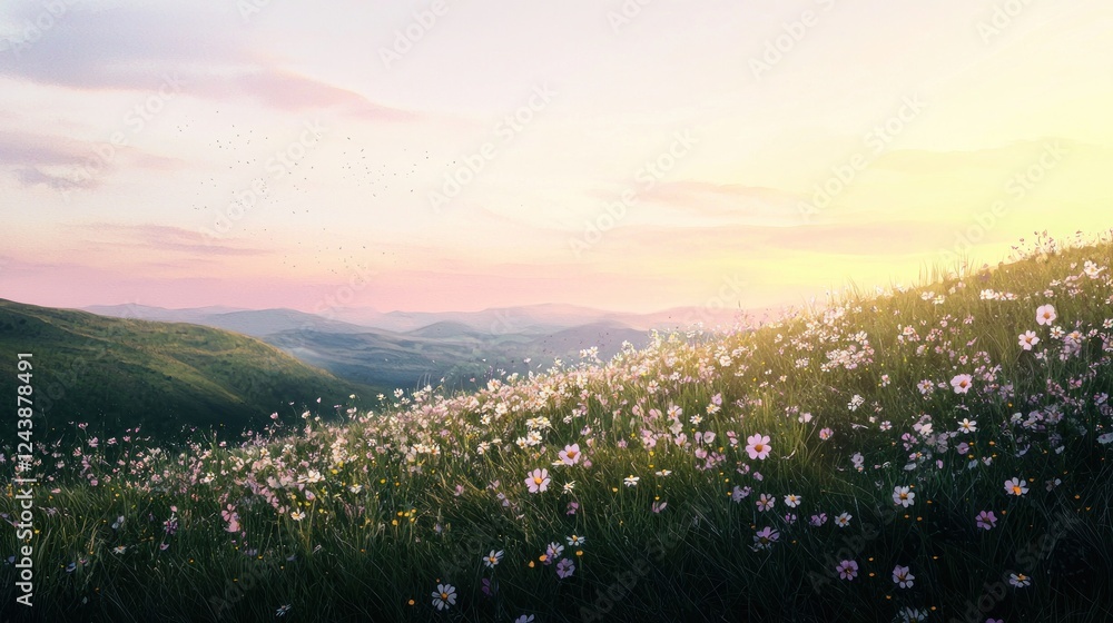 Fototapeta premium Serene Sunset over Flowery Hills