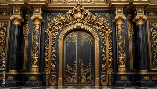 Elegant Black and Gold Palace Doors with Intricate Carving