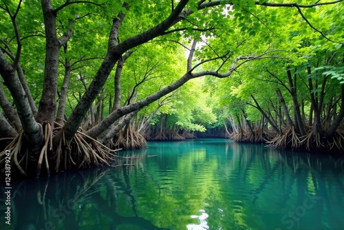 Mangrove trees with trunks submerged in calm water, vegetation, tree