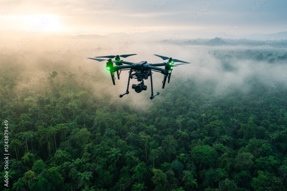 Fototapeta premium A drone collecting environmental data from a dense rainforest