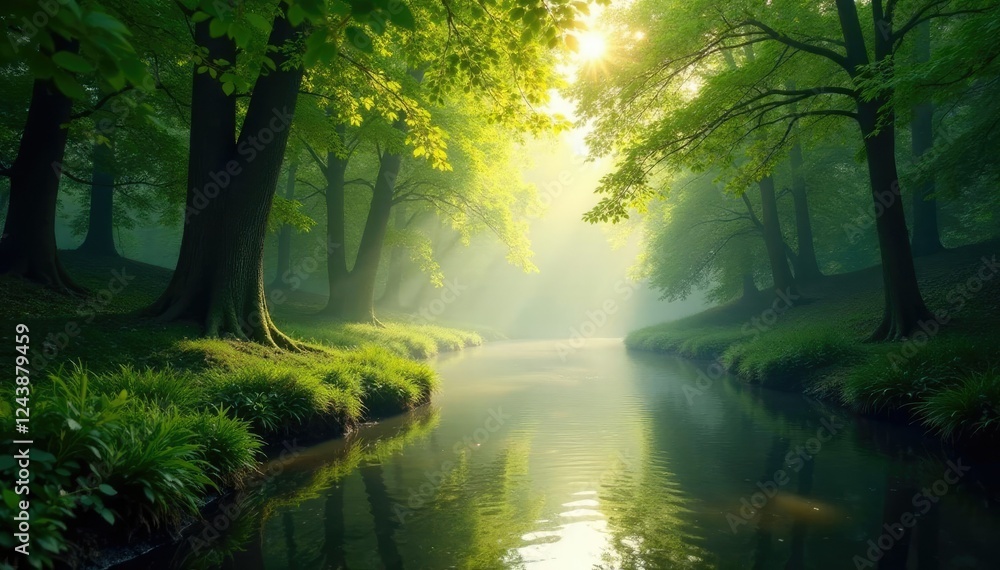 Fototapeta premium Dappled sunlight filters through the trees above the river, light, canopy, serene