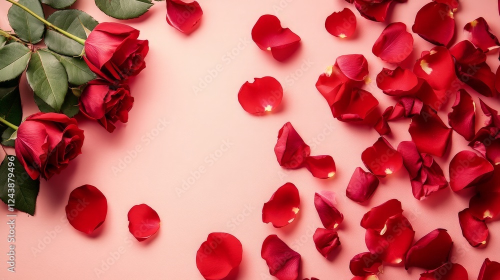 A soft pink background with scattered red rose petals, creating a romantic and elegant composition. Perfect for greeting cards, wedding invitations, and Valentine's Day promotions. A soft pink background with scattered red rose petals, creating a romantic and elegant composition. Perfect for greeting cards, wedding invitations, and Valentine's Day promotions.