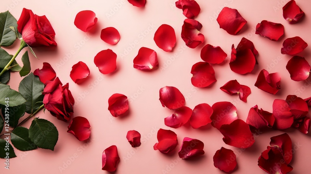 A soft pink background with scattered red rose petals, creating a romantic and elegant composition. Perfect for greeting cards, wedding invitations, and Valentine's Day promotions. A soft pink background with scattered red rose petals, creating a romantic and elegant composition. Perfect for greeting cards, wedding invitations, and Valentine's Day promotions.