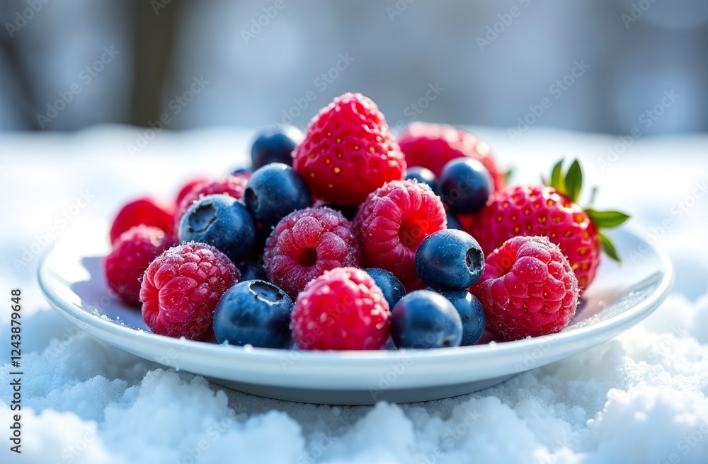 A lot of raspberries and blueberries are on a plate in the snow. A lot of raspberries and blueberries are on a plate in the snow.