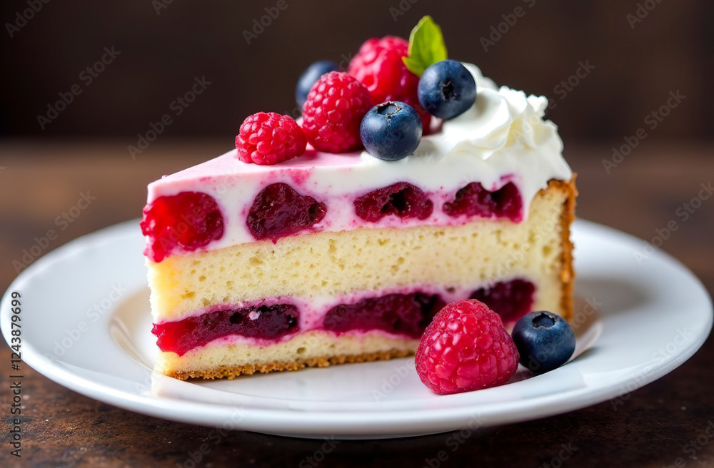 A piece of pie with berries, jam and cream is on a plate. A piece of pie with berries, jam and cream is on a plate.