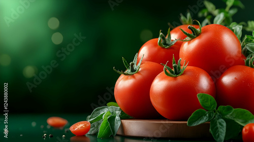 Fresh tomatoes arranged beautifully on a wooden plate, surrounded by green leaves against a soft green background.