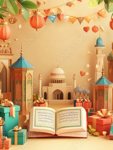 Festive Islamic Eid Mubarak scene with gifts Quran and mosque photo