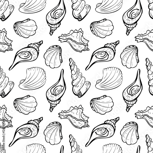 Seamless pattern of hand drawn seashells in black and white. The design features various seashell shapes with bold outlines and detailed line work, creating a clean and simple look.