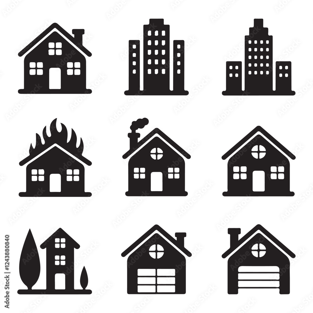 Black and White Housing Icons Representing Various Properties Black and White Housing Icons Representing Various Properties