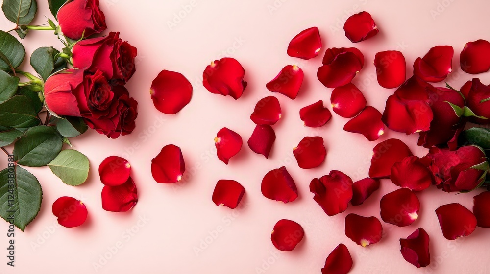 A soft pink background with scattered red rose petals, creating a romantic and elegant composition. Perfect for greeting cards, wedding invitations, and Valentine's Day promotions. A soft pink background with scattered red rose petals, creating a romantic and elegant composition. Perfect for greeting cards, wedding invitations, and Valentine's Day promotions.