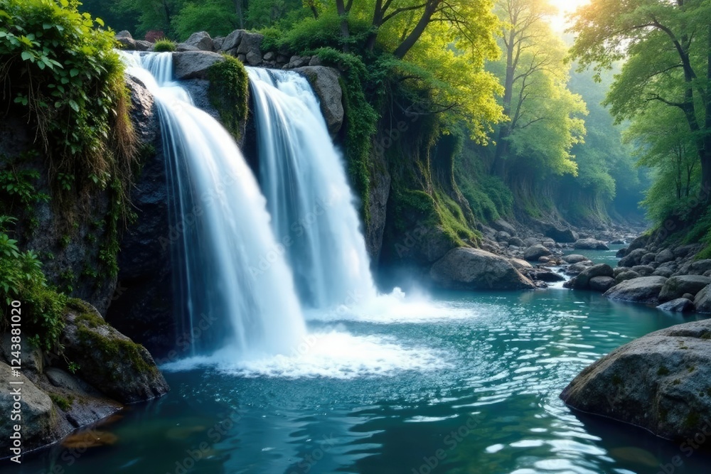 Fototapeta premium Shimmering waterfalls cascading down a rocky slope, flowing, pool