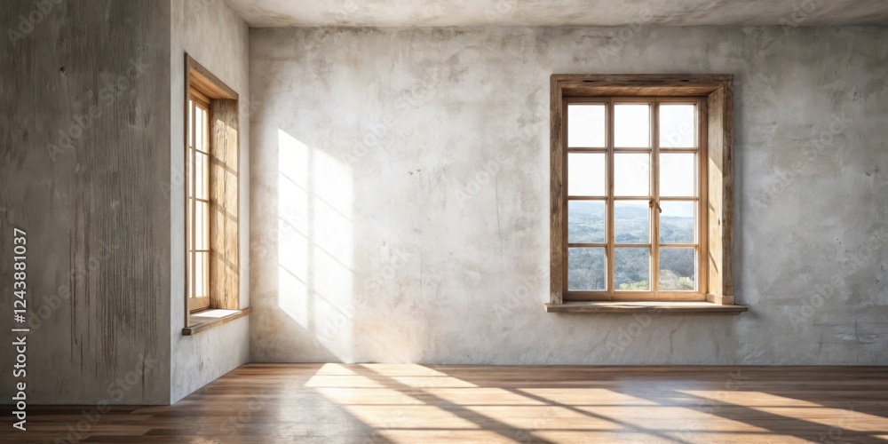 Sunlit Empty Room with Rustic Wooden Windows and Textured Walls Sunlit Empty Room with Rustic Wooden Windows and Textured Walls