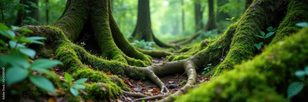 Obraz premium Twisted tree roots weave through mossy forest floor, nature, moss, organic
