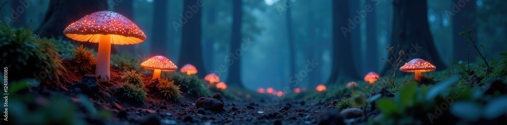 Fototapeta premium Shining mushroom caps in a misty forest clearing at night, shining mushrooms, bioluminescent fungi