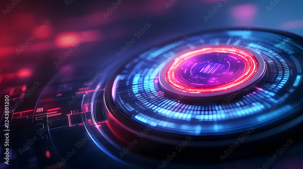 Futuristic digital interface with glowing circles and vibrant colors representing advanced technology concepts. Futuristic digital interface with glowing circles and vibrant colors representing advanced technology concepts.