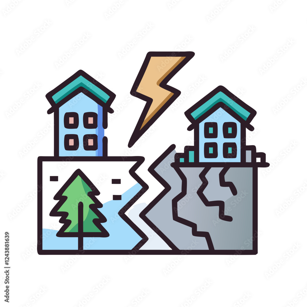 Fototapeta premium Earthquake damage with buildings and tree