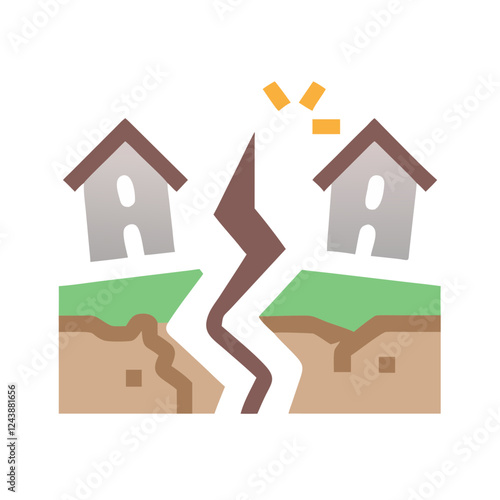 Earthquake damage with cracked ground and houses affected