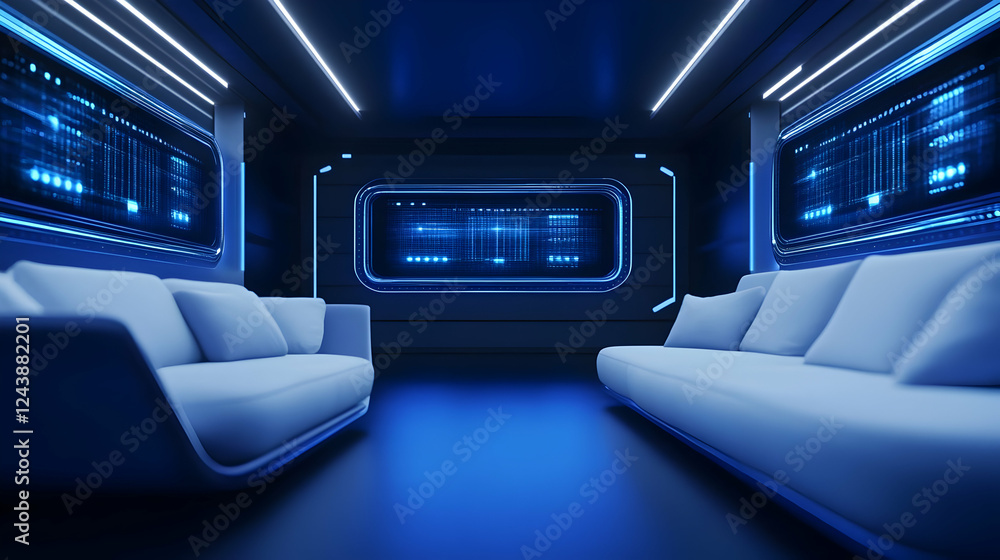Futuristic interior of a tech-inspired lounge with sleek couches and blue lighting. Futuristic interior of a tech-inspired lounge with sleek couches and blue lighting.