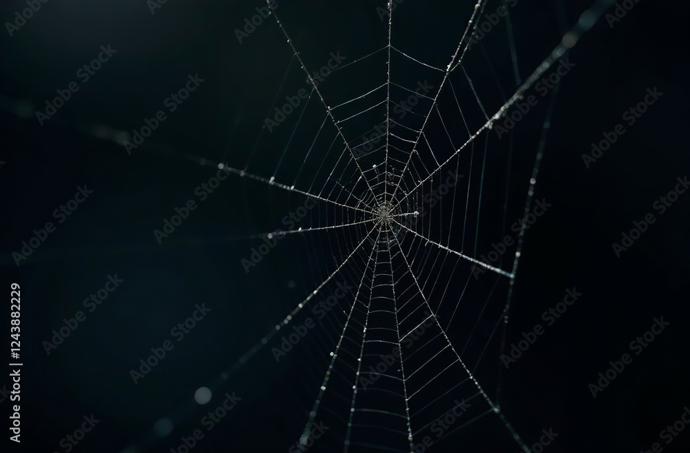 Fototapeta premium Web of predatory spider on black background. AI Generative