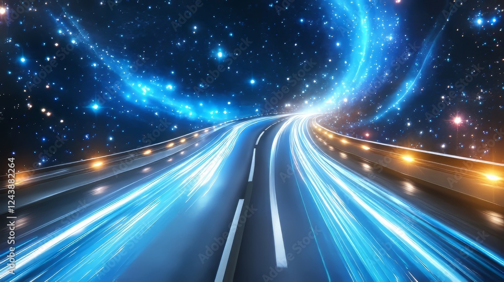 Obraz premium Futuristic Highway Streaking Through Starry Night with Motion Blurred Blue Lights Representing Speed