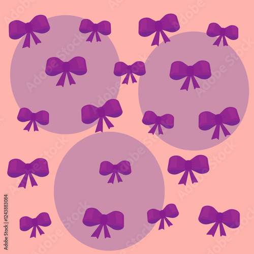 Pattern of purple bows and pink circles on a light pink background. Vector image