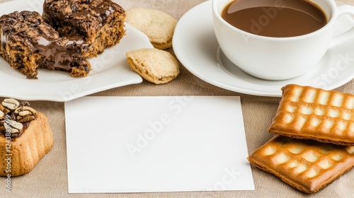 A delightful selection of freshly baked treats is served alongside steaming cups of coffee, all presented on a rustic table in a warm, inviting atmosphere photo