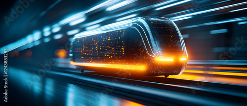 Futuristic train on a fast track, showcasing advanced technology and sleek design in motion. photo