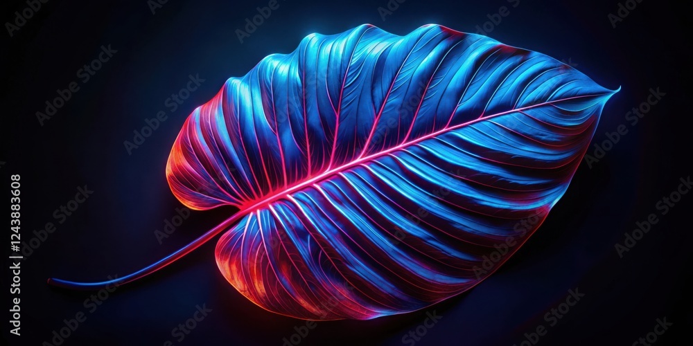 Obraz premium Vibrant tropical leaf illuminated with neon blue and red light