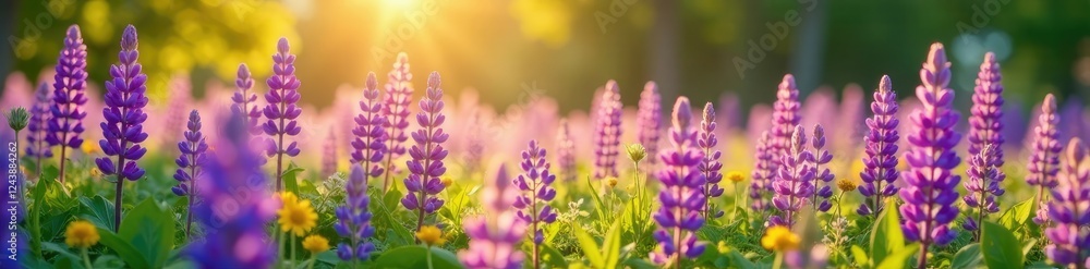 A carpet of lupine flowers in a sunlit meadow, purple, wildflowers A carpet of lupine flowers in a sunlit meadow, purple, wildflowers