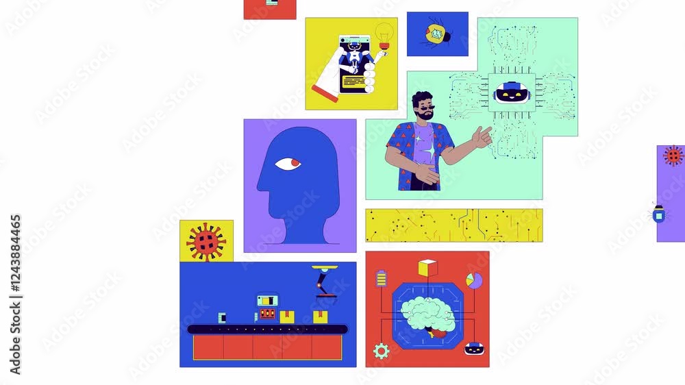 AI technologies people bento grid animation. Innovations. Voiceover artist, artificial intelligence engineer collage motion 4K video web design. Animated cartoon characters collection mood board AI technologies people bento grid animation. Innovations. Voiceover artist, artificial intelligence engineer collage motion 4K video web design. Animated cartoon characters collection mood board
