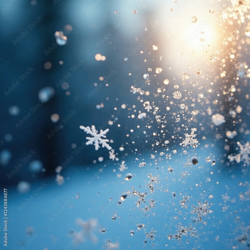 A delicate layer of frost coats a glass windowpane, clear frost, snowflakes, ice crystals A delicate layer of frost coats a glass windowpane, clear frost, snowflakes, ice crystals