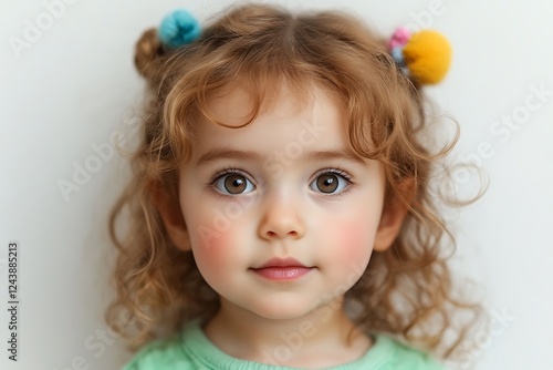 Innocence in the Gaze: A captivating portrait of a little girl with auburn curls and sparkling brown eyes, capturing her childlike charm and infectious innocence.